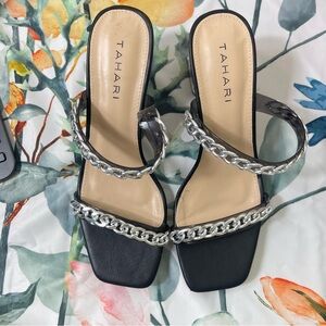 Tahari Sexy Chain Double Strap Square Toe Sandal Block Heels
